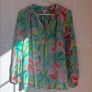 Lilly Pulitzer Elsa 100% Silk Long Sleeve Tip Teal, Coral, chartreuse Medium